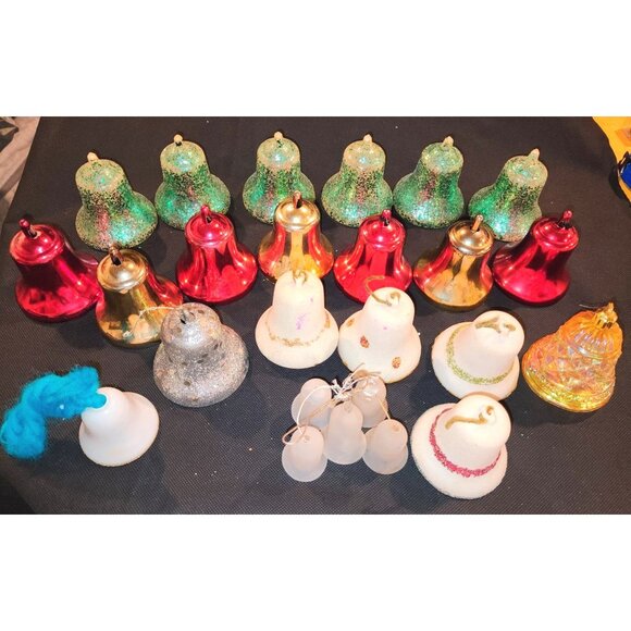 Set Of 21 Vintage Bell Ornaments Mixed Glass Plastic Christmas Mcm 1960s - Picture 1 of 12